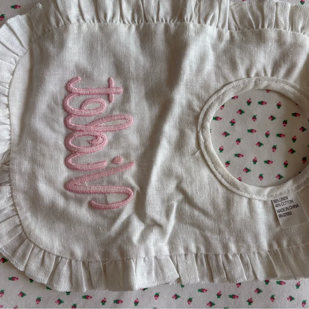 Pink Gingham and White Cotton Baby Bibs with “Violet” Monogram
